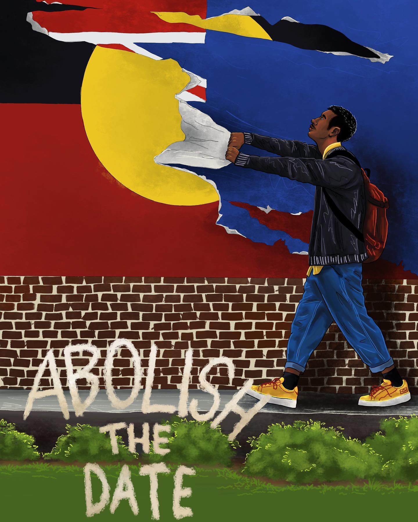 Abolish the date Dylan Mooney illustration tearing Australian flag