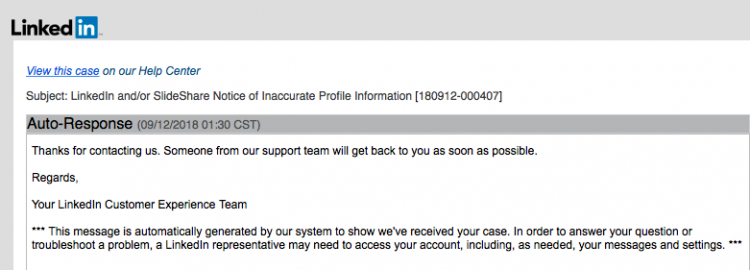 Auto Response email LinkedIn SlideShare Notice of Inaccurate Profile Information