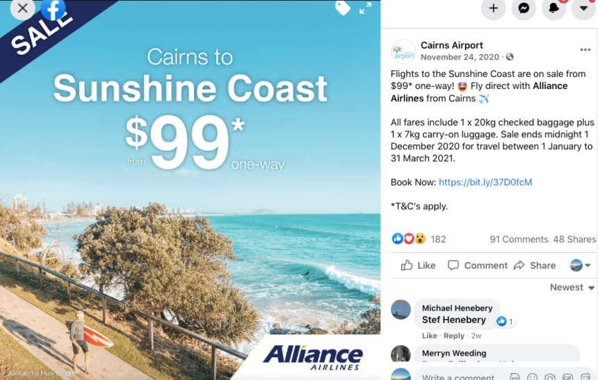 Cairns Airport January sale deals offers Sunshine Coast flights Alliance Airlines Queensland Australia