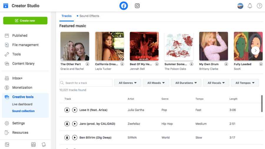 Facebook creator studio sound collection music tracks