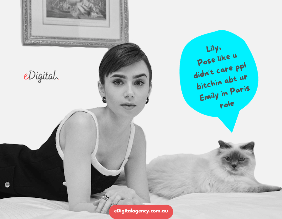 Lily Collins popular British woman Instagram actress Emily in Paris funny cat meme