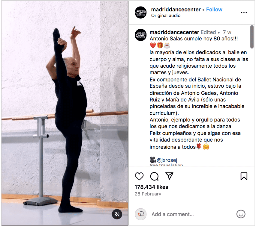 Madrid Dance Center Antonio Salas birthday celebration popular Instagram post