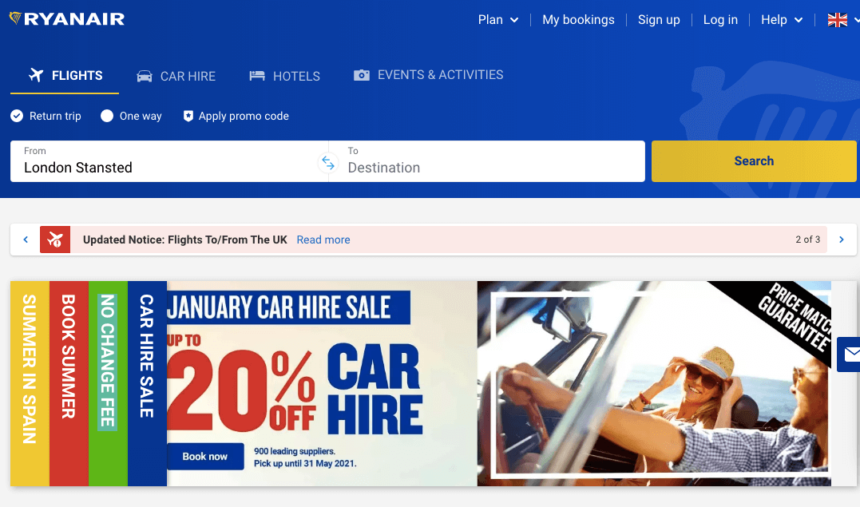 Ryanair January sale deals offers car hire flights