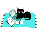 cat laptop rug book red glasses illustration