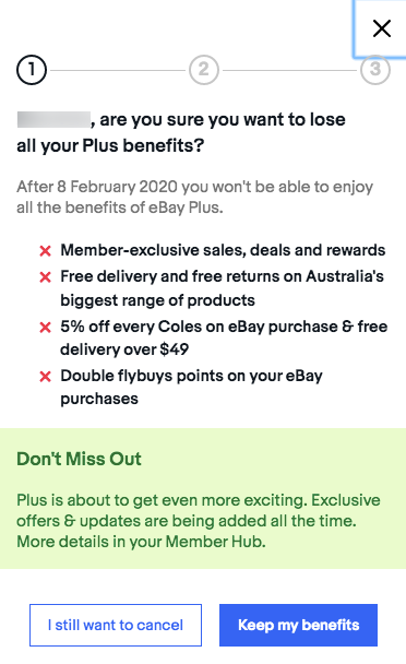 ebay plus cancelation benefits pop up window