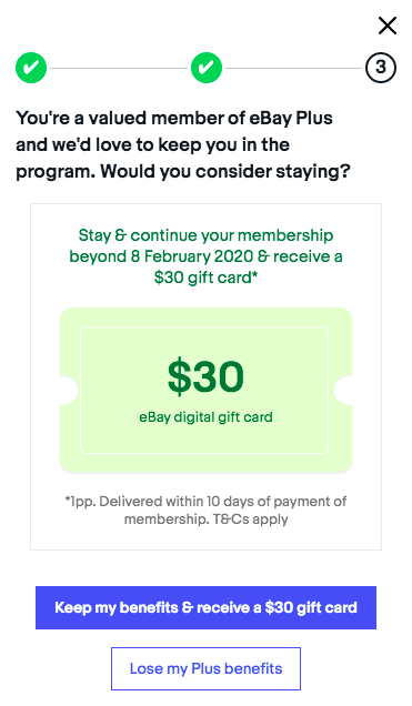 ebay plus cancelation offer $30 gift card pop up