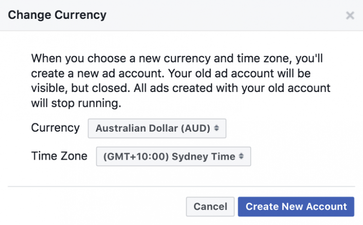 facebook advertising account change currency alert pop up