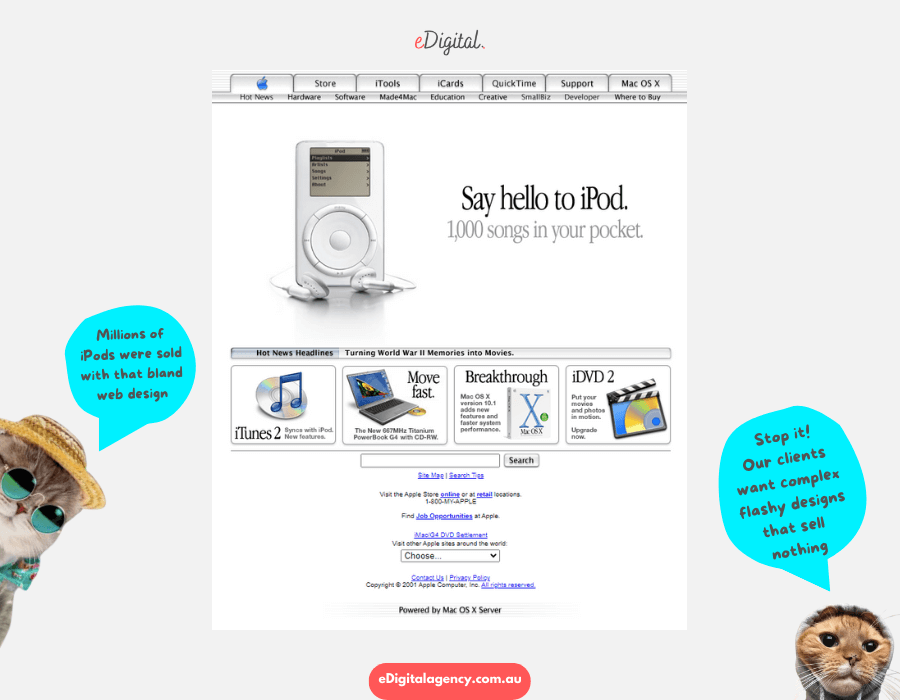 funny bland simple effective web design example meme - iPod launch year 2001