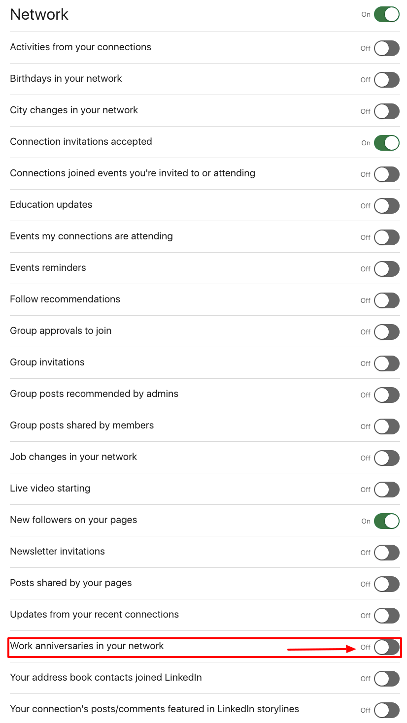 turn off work anniversaries notifications Linkedin stop remove