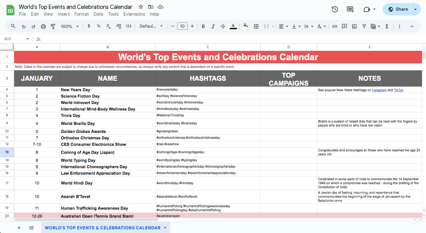 world's top events and celebrations calendar sample